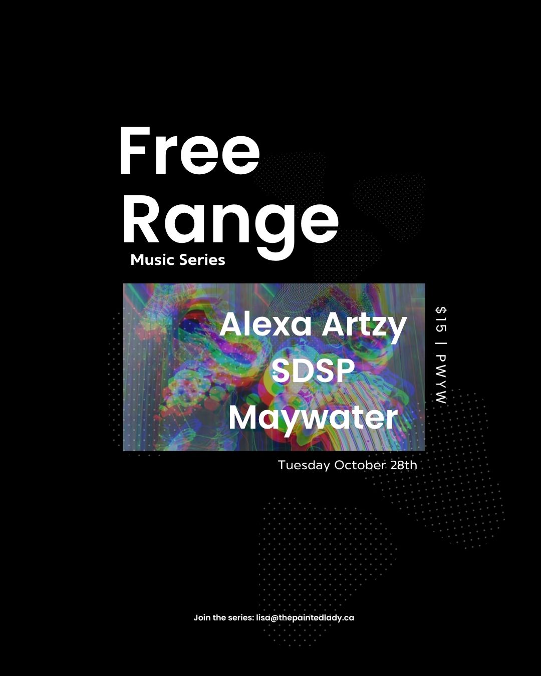 Free Range Music Series poster featuring Alexa Artzy, SDSP, and Maywater
